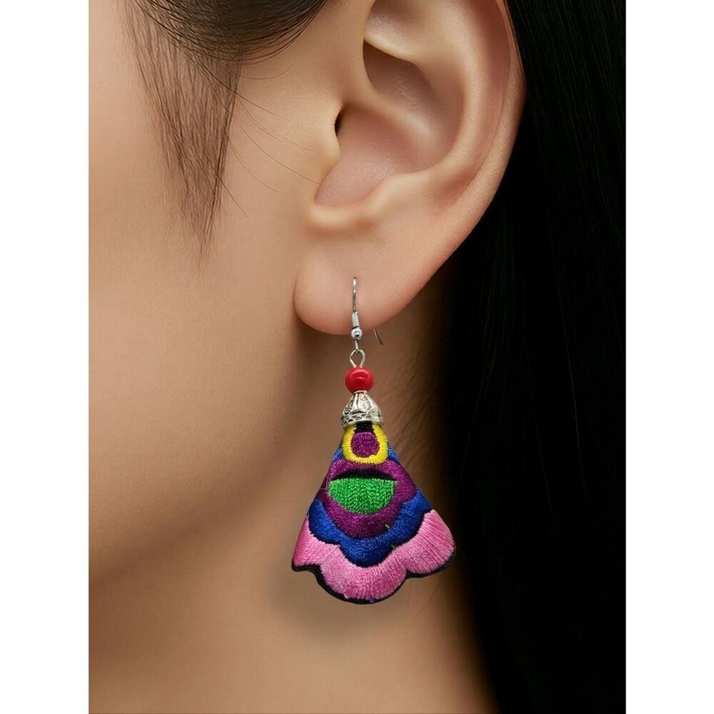 Handmade Embroidered Boho Floral Earrings Colorful Textile Artisan Statement